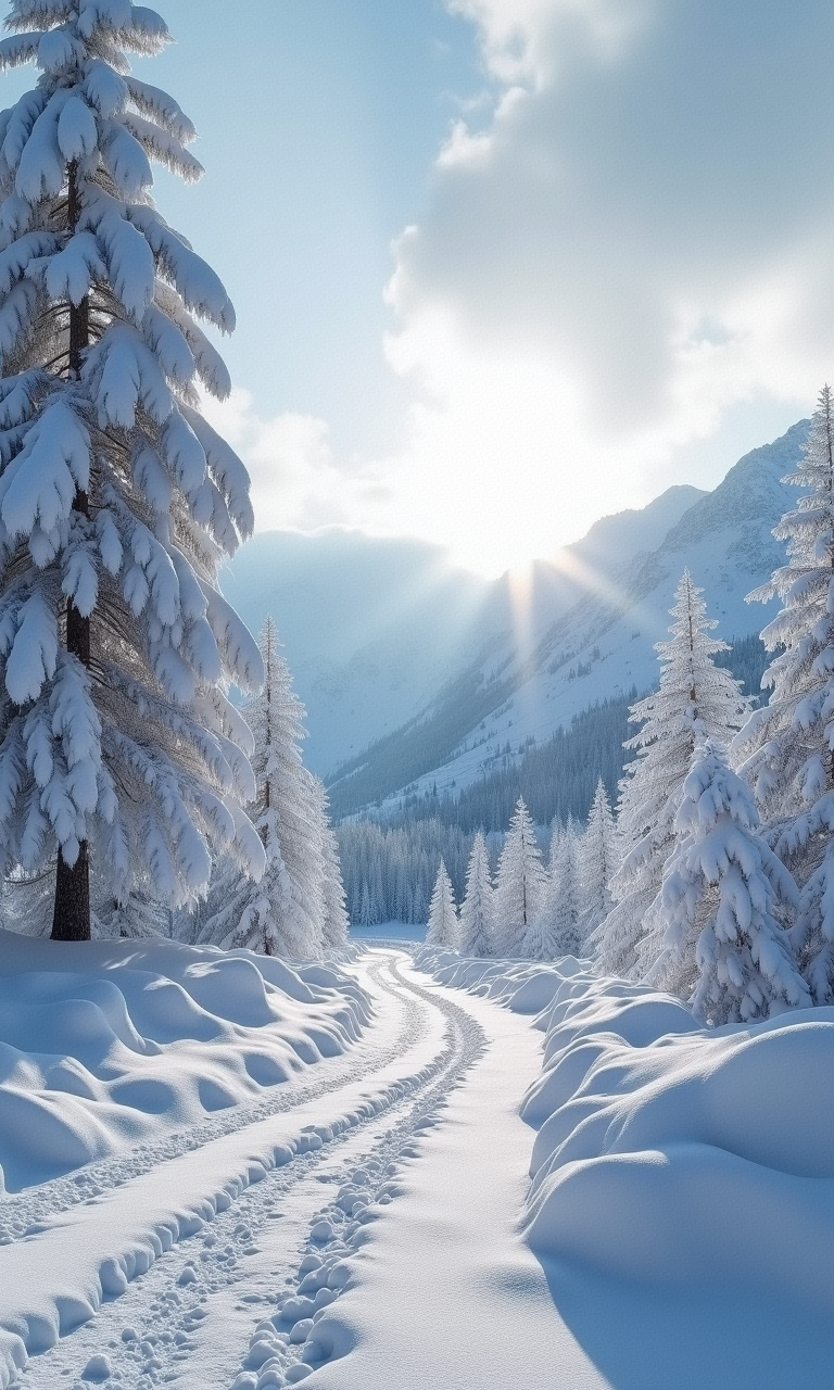 风格为摄影风格，在一片银装素裹的雪国之中，皑皑白雪覆盖了整个世界，仿佛大自然铺展开的一张洁白无瑕的画卷，远处，连绵起伏的山脉在雪的装点下，显得更加神秘而壮观；近处，参天大树被雪覆盖，枝条垂挂，犹如一串串晶莹剔透的冰凌，阳光透过薄薄的云层，洒在雪地上，形成一道道耀眼的光芒，为这宁静的画面添上了一抹生机与活力，中国